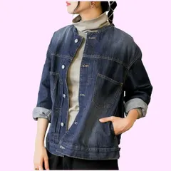 Size::M,L,LL,3L,4L_Color:ネイビー [Crossmarbery(クロスマーベリー)] デニムジャケット 冬 レディース 大きいサイズ ノーカラー  ブルゾン ジージャン 暖かい  秋 韓国 オーバーサイズ ネイビー おしゃれ 長袖