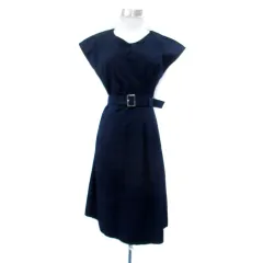 ナチュラルビューティーベーシック NATURAL BEAUTY BASIC ワンピース Vネック フレンチスリーブ ミモレ丈 ベルト付き M 紺 ネイビー /HO14