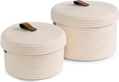 YEARONAN ふた付き収納バスケット 化粧品収納バスケット 天然コットンロープ素材 抗菌 洗える 装飾バスケット おもちゃ収納ボックス レザーラベルハンドル 収納バスケットセット オフ 26X14（cm）/22X12（cm）収納バスケッ