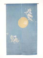 のれん　麻　うさぎ　月　水色　絞り　手染め　和風モダン　兎
