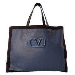 VALENTINO ヴァレンティノ トートバッグ 黒 青 ハンドバッグ 手持ち鞄 肩掛け Vロゴ キャンバス バイカラー