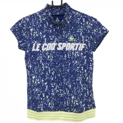 ★値下げ★【超美品】ルコックゴルフ 半袖ハイネックシャツ ブルー×白 総柄 胸プリント 裾ボーダー レディース M ゴルフウェア le coq sportif