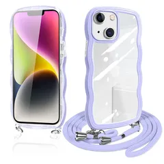 iPhone14 ケース ショルダー クリア iphone13 スマホケース 透明 TPU カバー ストラップ付き 肩掛け 首掛け 紐付き 斜めがけ 創意 個性 可愛い かわいい 韓国 薄型 耐衝撃 アイフォン14/13(クローブ 紫)