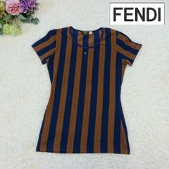 FENDI フェンディ　半袖Ｔシャツ　ストライプ　ネイビー×ブラウン　タオル生地　カットソー　サイズXL相当（表記サイズ42）