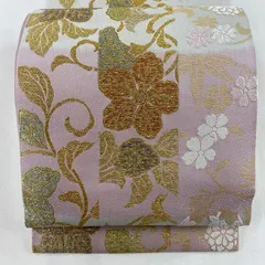 袋帯 美品 秀品 花唐草 楓 金糸 箔 薄ピンク 六通 正絹 【中古】