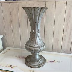アイアンフラワーベース 壺 アンティーク 高さ41cm  花瓶 大きめ 鉄製 シルバー silver 銀 フラワーベース 花器 サビ ビンテージ インテリア 当時物【RU0909-2】