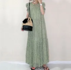 ロングワンピース 小花柄 マキシ丈 シフォン シフォンワンピース フリル 袖なし