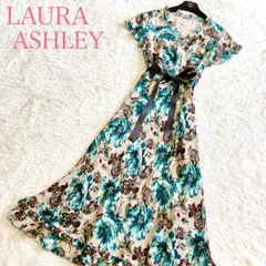 美品 LAURA ASHLEY ローラアシュレイ カシュクールロングワンピース 11号 L 花柄 総柄  Aライン フレア ローズ柄 リボン 細見え  シルク100% お出かけ イベント パーティー セレモニー