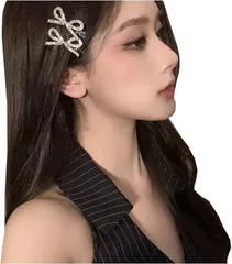 BEYANE 2個セット ヘアアクセ ヘアクリップ リボン キラキラ ラインストーン 小さめ ミニクリップ シルバー 結婚式 発表会 ヘアピン クリア(シルバー)