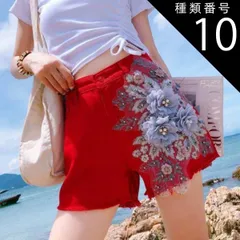 種類10：レッド/L ビジュー 花モチーフ デニム ショートパンツ ボトムス パンツ デニムパンツ ミニ ミニ丈 ショート ショート丈 レース 刺繍 ファスナー ポケット デニム かわいい 大人可愛い カジュアル おしゃれ お洒落 かっこいい こなれ感 ラフ 