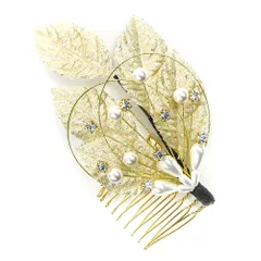 髪飾り コーム型 水引 ラインストーン パール ゴールド 白 キラキラ ラメ リーフ 葉 丸 円 サークル 小さい かんざし かわいい No.9-3381