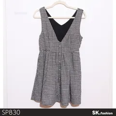 美品 INGNI イング ワンピース ミニ丈 ノースリーブ 千鳥格子柄 フロントボタン 深Vネック 　ブラック　 【SP830-00】 送料無料　古着　レディース