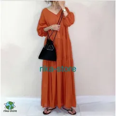 マキシワンピース レディース 秋 ロング丈 vネック オレンジ 長袖ワンピ 40代 50代 シャツワンピース おしゃれ