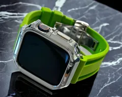 シルバー&ライムグリーン　アップルウォッチ ラバーベルト カバー　ケース メンズ レディース 38mm 40mm 41mm 42mm 44mm 45mm　メンズ レディース Apple Watch スポーツバンド
