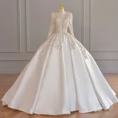 【新品・未使用】 ウェディングドレス ロングドレス 結婚式 ウエディングドレス 長袖 Aラインドレス 二次会 花嫁 前撮り エレガント サテン ホワイト ビーズ ラメ刺繍 華やか 披露宴のサムネイル