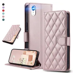 UnivoColors iPhone XR キルティングレザー調 手帳型ケース エレガント 高質PU マグネット開閉式 カード収納機能 スタンド機能 液晶全面保護 レンズ保護 ストラップ付属(ゴールドピンク)