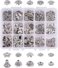 PH PandaHall 約300個/箱 合金 15種 ビーズキャップ 花座 座金 菊座 花型 透かしキャップ 透かしパーツ スペーサービーズ フラワー チャーム アクセサリーパーツ ジュエリー用 手芸用品 手作り素材 銀古美