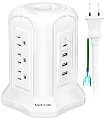 【特価】NVEESHOX 電源タップ タワー型 コンセントAC 9個口 USB 3ポート(最大3.1A/5V)1500W 入力100V-125V+1Type-C USB PD 18W 延長コード2m 雷ガード 過負荷保護 省エネ急速充電 職場用 家庭用 ホワイ