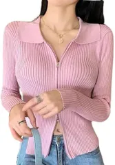 Four leaf おしゃれ ニット トップス カーディガン セーター カットソー レディース ジップアップ 長袖 襟付き セクシー 無地 服 リブニット リブ編み ジップカーディガン ニットカーディガン(ピンク,  Free Size)