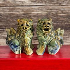 【2体セット】阿吽 獅子 ペア シーサー 置物 美術品 縁起物 オブジェ 陶磁器 陶器 骨董品 アンティーク