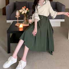 【新品】きれいめガーリー♡シフォンブラウス＋ミモレ丈スカート レディース 韓国 韓国ファッション シフォン ブラウス スカート セット セットアップ カジュアル 大人可愛い 上品 フォーマル 通勤 通学 学生 カレッジコーデ ミドル丈  M L　F0771