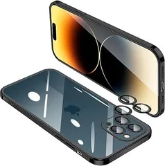IPhone14 Pro Max ケース クリア アイフォン14ProMax レンズ保護 カバー 耐衝撃 透明 スマホケース 全面保護 軽量 メッキ加工 TPU 薄型 ストラップホール付き 滑り止め 落下防止 6.7インチ（ブラック）