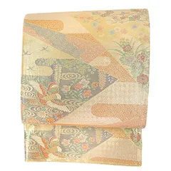 【中古】 袋帯 正絹 中古 リサイクル 新古品 未仕立て フォーマル 礼装用 金 ゴールド 黄色 橙色 クリーム色 ベージュ ピンク 白 No.5-0310