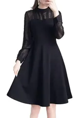 [ReiLuana] ワンピース レディース 長袖 膝丈 ドレス 肩透け Aライン クルー ネック ワンピ (JP, アルファベット, L, ブラック) [ブラック] [L]