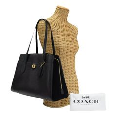 コーチ COACH ローラ キャリーオール サッチェルバッグ ポリッシュド ペブル レザー / スエード 89486 トートバッグ 肩掛け ハンドバッグ ビジネスバッグ ターンロック レディース ブラック 正規品 中古 mbl30034