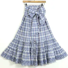 【美品】ピンクハウス★オリジナルチェックのローンスカート 青系 前開き 段々フリル&リボン♪ギャザーたっぷりティアードデザイン♪z13036