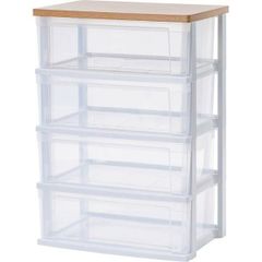チェスト 木製 おしゃれ 4段 収納ボックス プラスチック 収納ケース 衣類収納 クリアボックス 木製 天板 引き出し