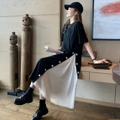 切替ワンピース 半袖 ボタン付 サイドプリーツ ロングTシャツ  大人 可愛い Tシャツ ワンピ Aライン ワンピース 春 夏 カジュアル anmeis01