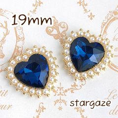【 3個 】 19mm ハート パール付き センターパーツ ストーン ビジュー カボション ダークブルー×ゴールドフレーム