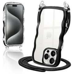 iPhone 15 Pro Max ケース クリア ショルダー カバー いPhone15Pro Max スマホケース 創意 個性 肩掛け 首掛け 斜めかけケース 可愛い かわいい 韓国 透明 TPU 薄型 耐衝撃 アイフォン15ProMax(ブラック)