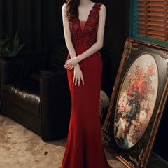花柄レッドロングドレス 結婚式パーティー パーティードレス