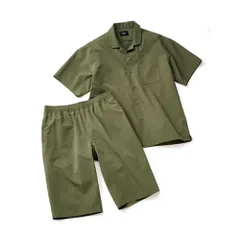 ☆ カーキ ☆ LLサイズ ☆ シアサッカー半袖シャツ＆ショーツセット メンズ セットアップ 半袖 半袖シャツ ショーツ シアサッカー生地 メンズシャツ シンプル 無地 上下セット おしゃれ 動きやすい 短パン ショートパンツ 部屋着 軽量 軽い 快適
