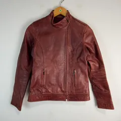 レザージャケット シングルライダース　ライダースジャケット 変形デザイン ハイネック ジップアップ 古着 レディース レッド  Mサイズ ストリート アメカジ