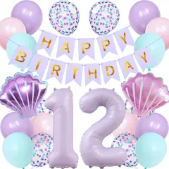 【新品】 Lausatek バルーン 誕生日 12歳 風船セット HAPPY BIRTHDAY バースデー ガーランド バースデー 飾り付け 数字12 シェル 装飾 お祝い イベント 子ども 男の子 女の子 パープル 1