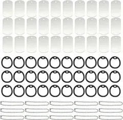 Famimueno ネームタグ アルミ チェーン DIY 刻印 迷子 首輪 ID サイレンサー 札 カバー( シルバータグ、黒タグカバー、シルバーチェーン)