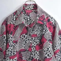 80〜90s Vintage 総柄デザイン ポリエステルシャツ 半袖 レオパード 花柄 アニマル クレイジーパターン アートデザイン ヴィンテージ ビンテージ 古着 レディース L相当