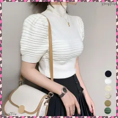 送料無料 サマーニット レディーストップス薄手半袖 パフスリーブ ハイネックニットトップス 無地 韓国風 春秋夏 フェミニン ニットソー セクシー きれいめ フィット感 ボリュームスリーブ リブニット 着やせ 大人カジュアル上品