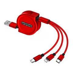 3in1 巻き取り マルチ充電ケーブル レッド 最長1.2m MicroUSB Type-C iPhone マイクロUSB タイプC [定形外郵便、送料無料]mer001