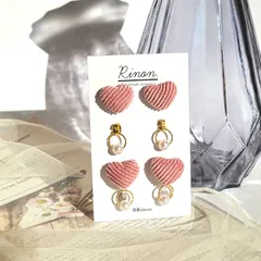 ハートコーデュロイ 2way ピアス & キッズ ペアセット 《ピンク》