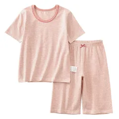 140_ストライプ [HahaNice] 子供服 女の子 パジャマ キッズ 半袖 ルームウェア 部屋着 上下セットアップ 綿 夏服 寝間着 半ズボン 五分丈 ガールズ 女児 ジュニア クールネック 寝巻き 可愛い ストライプ 140
