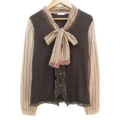 アクシーズファム axes femme シャツ ニット カットソー 長袖 切替 リボン レース ストライプ柄 マルチカラー M ダークブラウン 茶 ベージュ /FF34