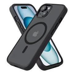 【数量限定】iPhone 15 15 ケース 耐衝撃 マット ケース 滑り止め 指紋防止 米軍MIL規格 iPhone 黄変防止 耐久性 ワイヤレス充電対応 Magsafe対応 半透明 マグネット搭載アイホン15 携帯ケース 用 6.1 インチ (ブラック)
