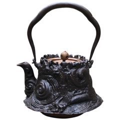 時代鉄瓶 雲龍文 高肉彫 荒磯岩肌造形 銅蓋 茶道具 煎茶道具 古美術品