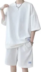 SLOW＆MELLOW セットアップ メンズ ワッフル素材 上下セット Tシャツ ハーフパンツ レイヤード風(ホワイト,  M)