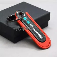 Kawasaki　川崎　黒／赤　色選び　カーボンキーホルダー エンブレムキーチェーン★炭素繊維+高級レザー★キーホルダー ワイヤーキーリング キーチェーン
