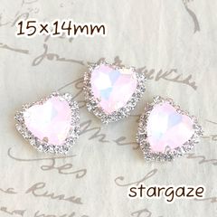 【 3個 】 15×14mm ガラス製 ハート センターパーツ ストーン ビジュー カボション ライトピンクオパール×シルバー